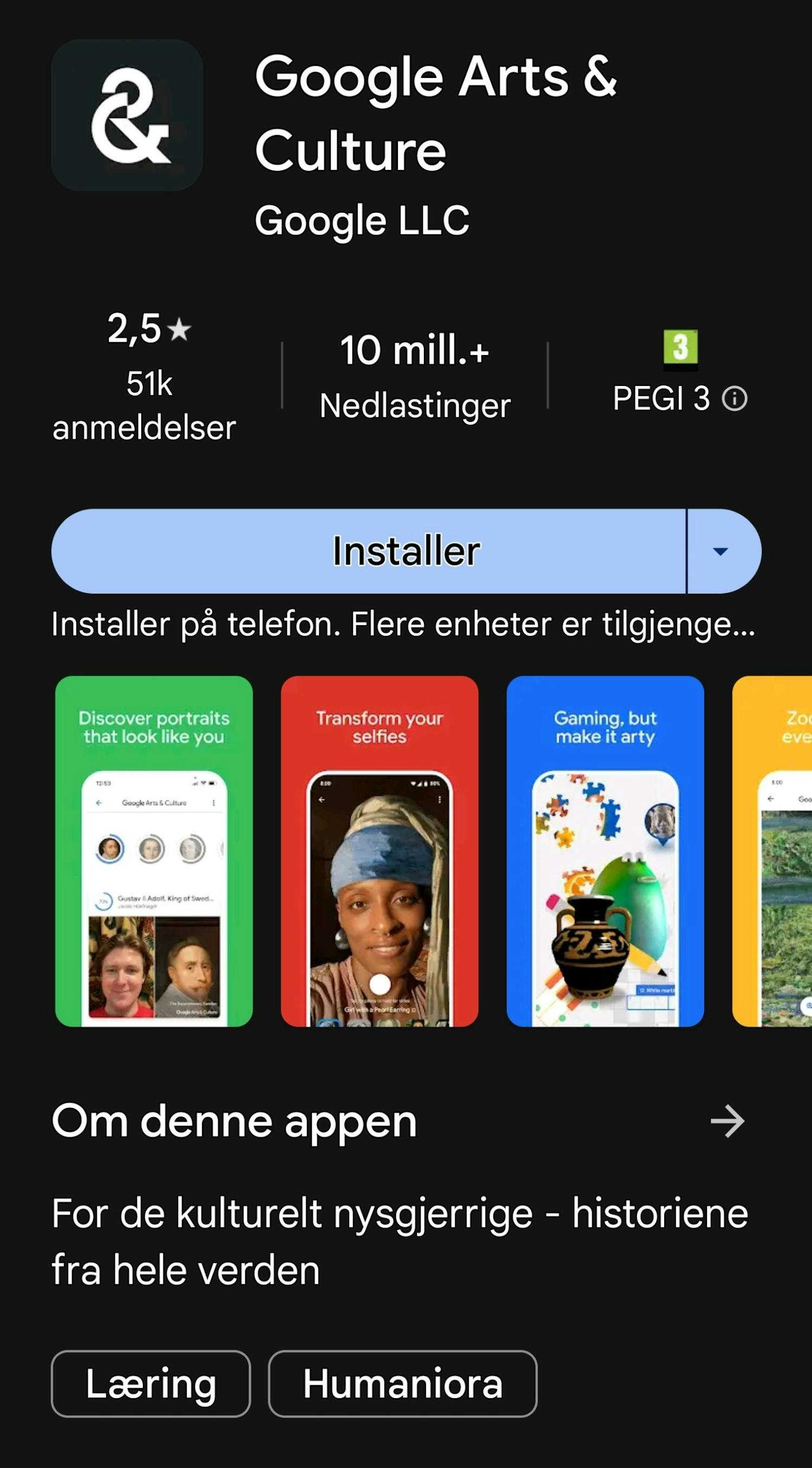 Google Arts & Culture på Play Butikk Appen er helt gratis